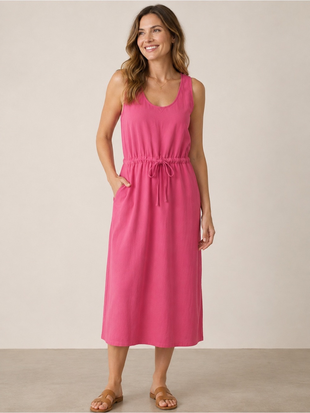 Nordstrom Rack Pink Sleeveless Dress Size S Drawstring Waist Scoop Neck